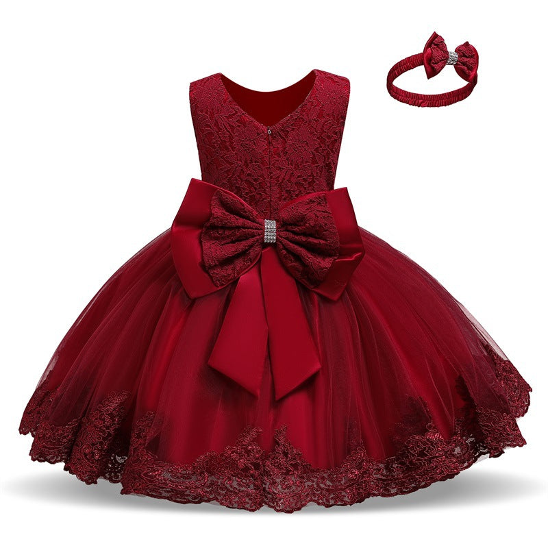 Wholesale of Children's One Year Old Bow Tie Lace Polyester Dresses